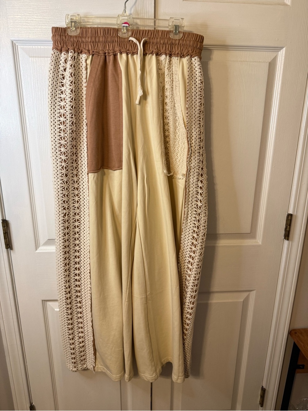Mello Wide Leg Mixed-Media Boho Pants in Cream and Brown